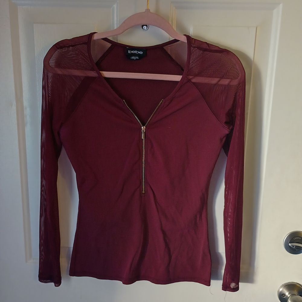 Bebe Burgundy Mesh Sleeve Top